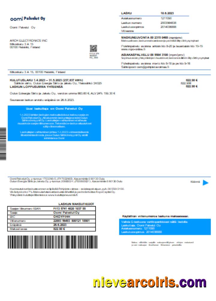 Oomi Palvelut Oy electricity utility business bill